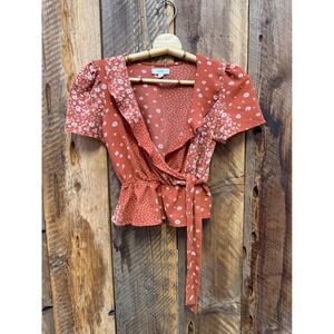 Womens Rust Wrap‎ Top Small Cottagecore Boho Floral Peplum Fairycore Romantic